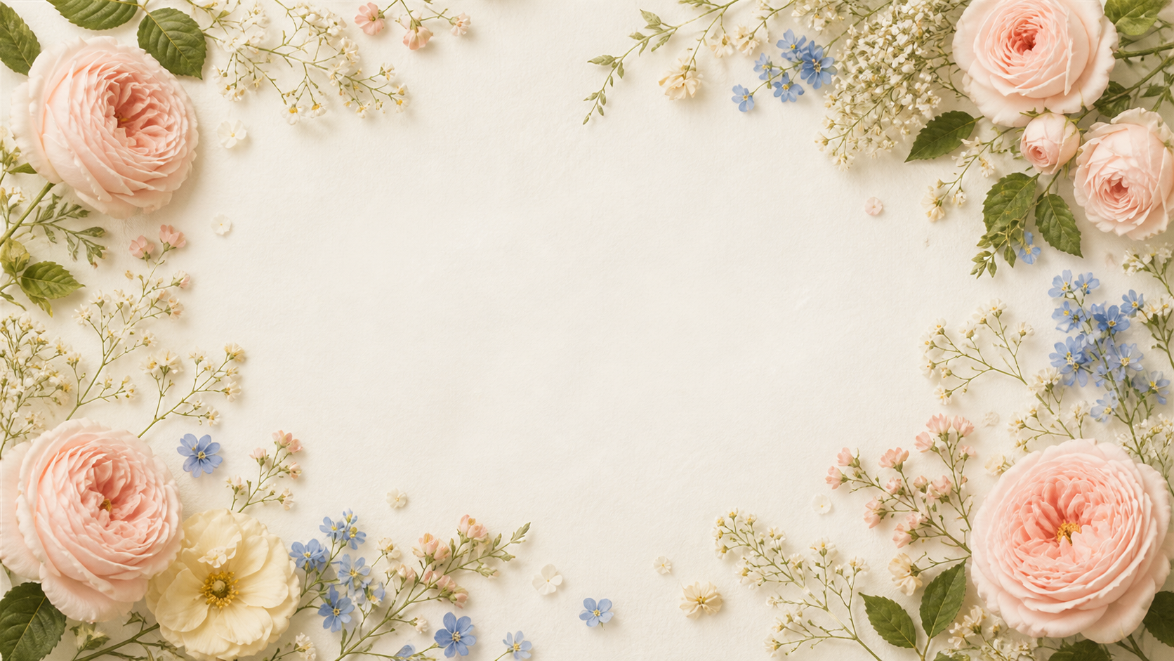 Blush roses, pale blue flowers, and sage leaves on warm ivory paper